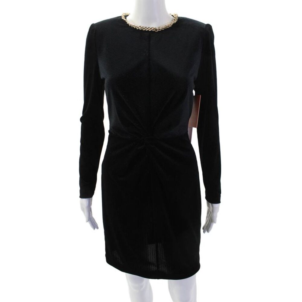LDT Womens Velvet Chain Link Neckline Long Sleeves Dress Black Gold Size 2